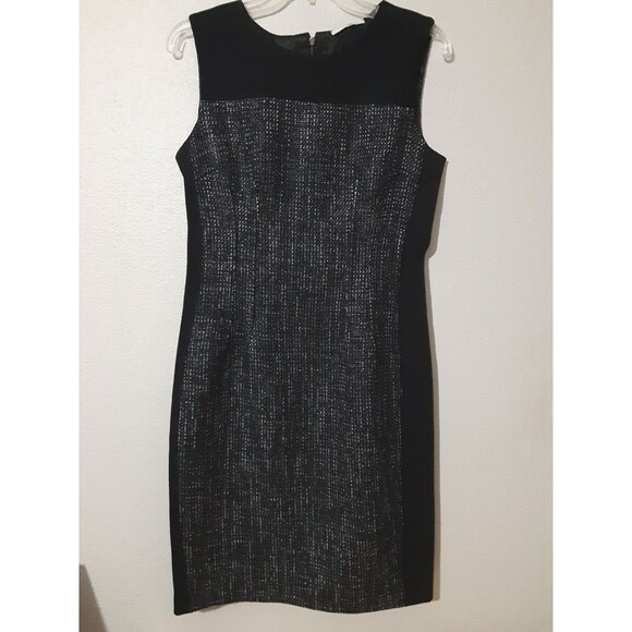 Tahari Dress Womens Size 8 Black Tweed Panel Sheath Round Neck Sleeveless work - Picture 1 of 9